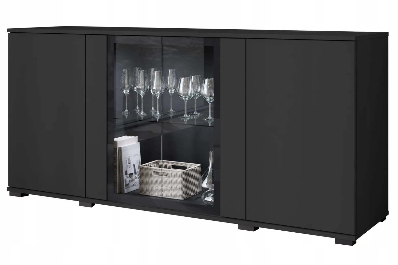 Komoda 150 cm do salonu witryna ze szkłem, szuflady, połki, czarny mat