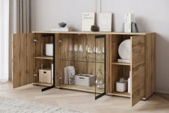 Komoda 150 cm, nowoczesna witryna ze szkłem i szuflady wotan mat z LED