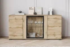 Komoda 150 cm, nowoczesna witryna ze szkłem i szuflady wotan mat z LED