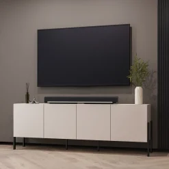 Komoda do salonu 204 cm czterodrzwiowa z półkami kaszmir