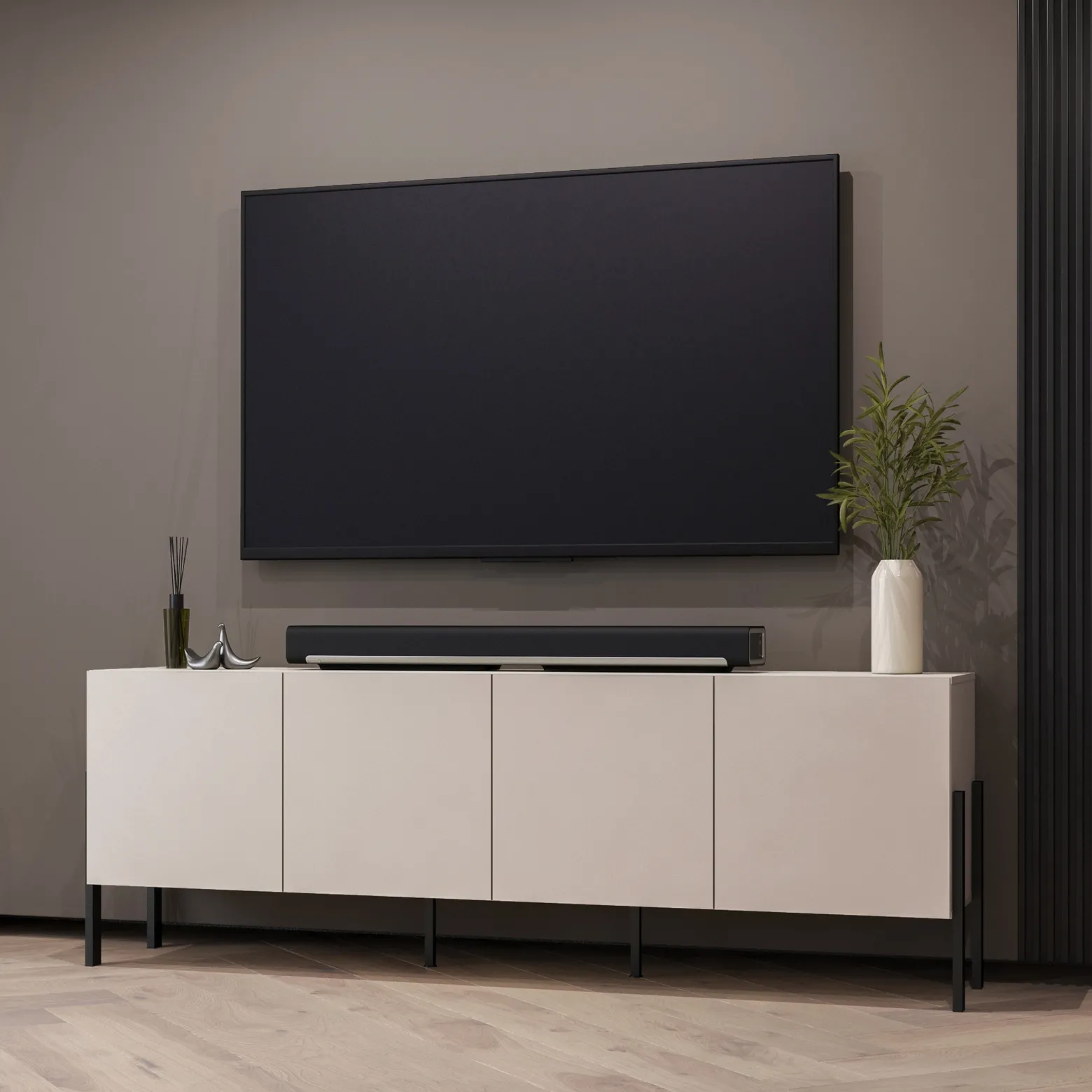 Komoda do salonu 204 cm czterodrzwiowa z półkami kaszmir