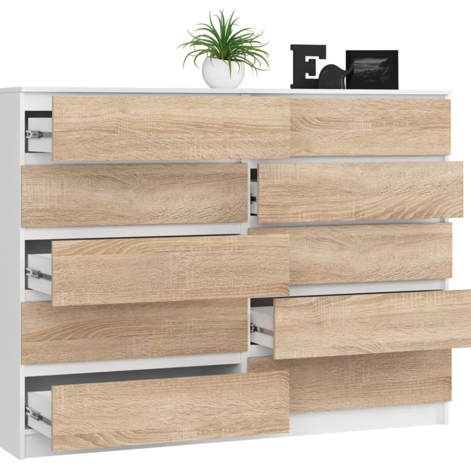 Komoda do sypialni, 10 szuflad, STILO, 160cm, biel, sonoma | TYLETEGOTU