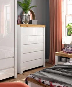 Komoda Holten 99 cm z 6 szufladami biały/dąb wotan/biały połysk