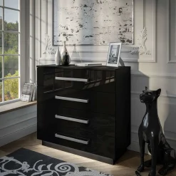 Komoda LINA 95 z metalowymi uchwytami czarny połysk LED