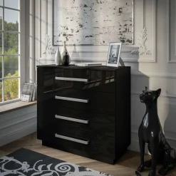 Komoda LINA 95 z metalowymi uchwytami czarny połysk LED