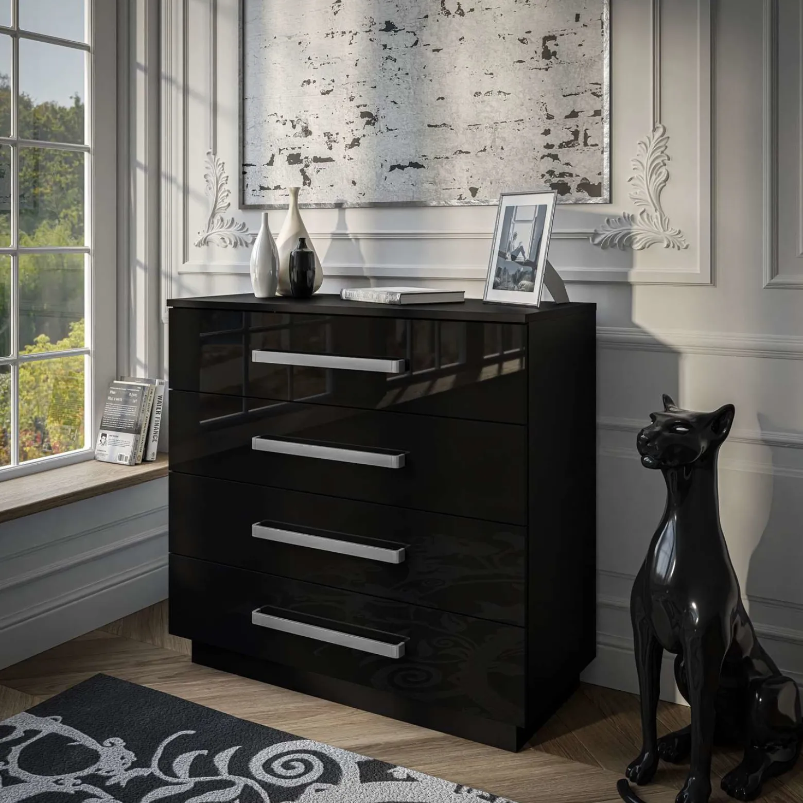 Komoda LINA 95 z metalowymi uchwytami czarny połysk LED