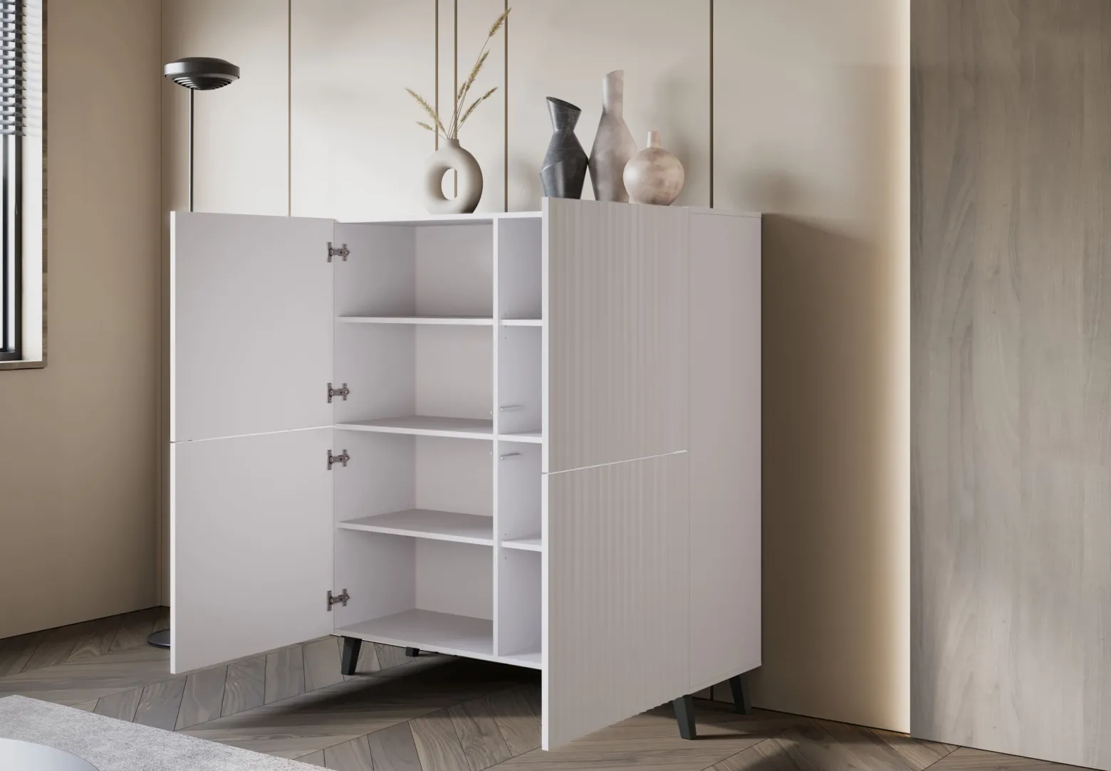 Komoda LOKET 120 cm biały/biały MDF z ryflowaniem M9