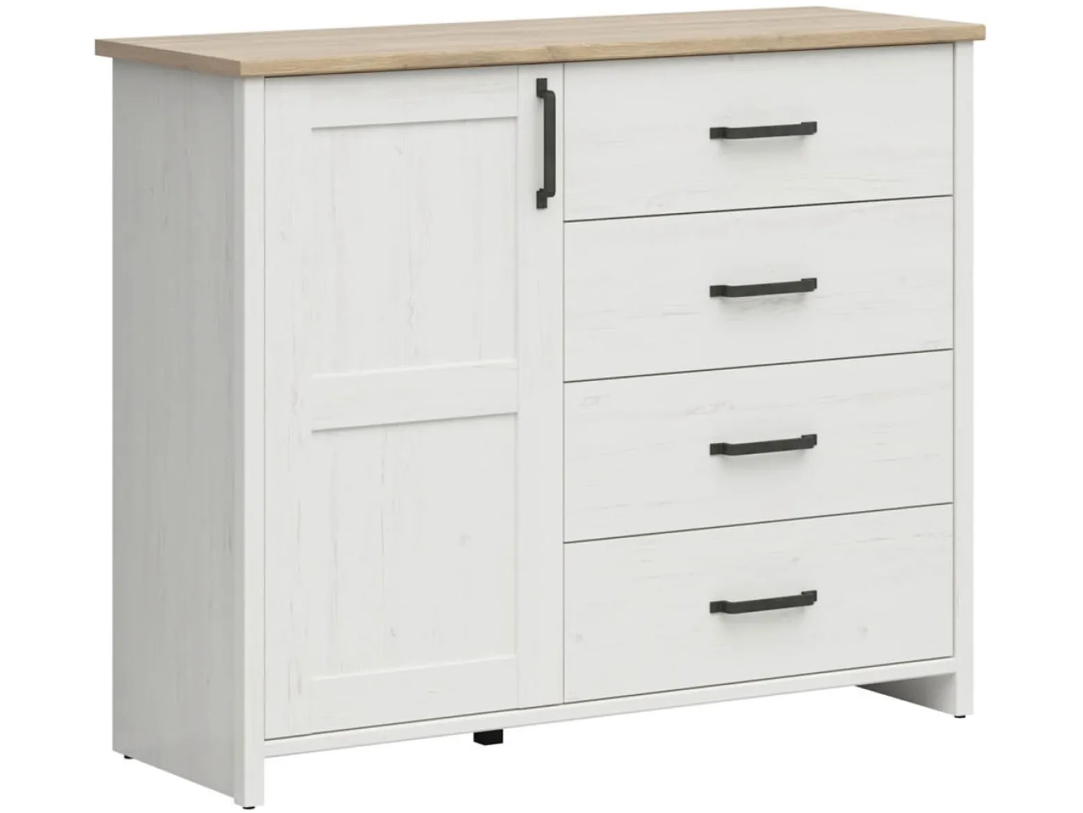 Komoda Loksa 120 cm z drzwiami i 4 szufladami sosna andersen biała/dąb grandson