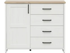 Komoda Loksa 120 cm z drzwiami i 4 szufladami sosna andersen biała/dąb grandson