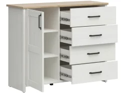 Komoda Loksa 120 cm z drzwiami i 4 szufladami sosna andersen biała/dąb grandson