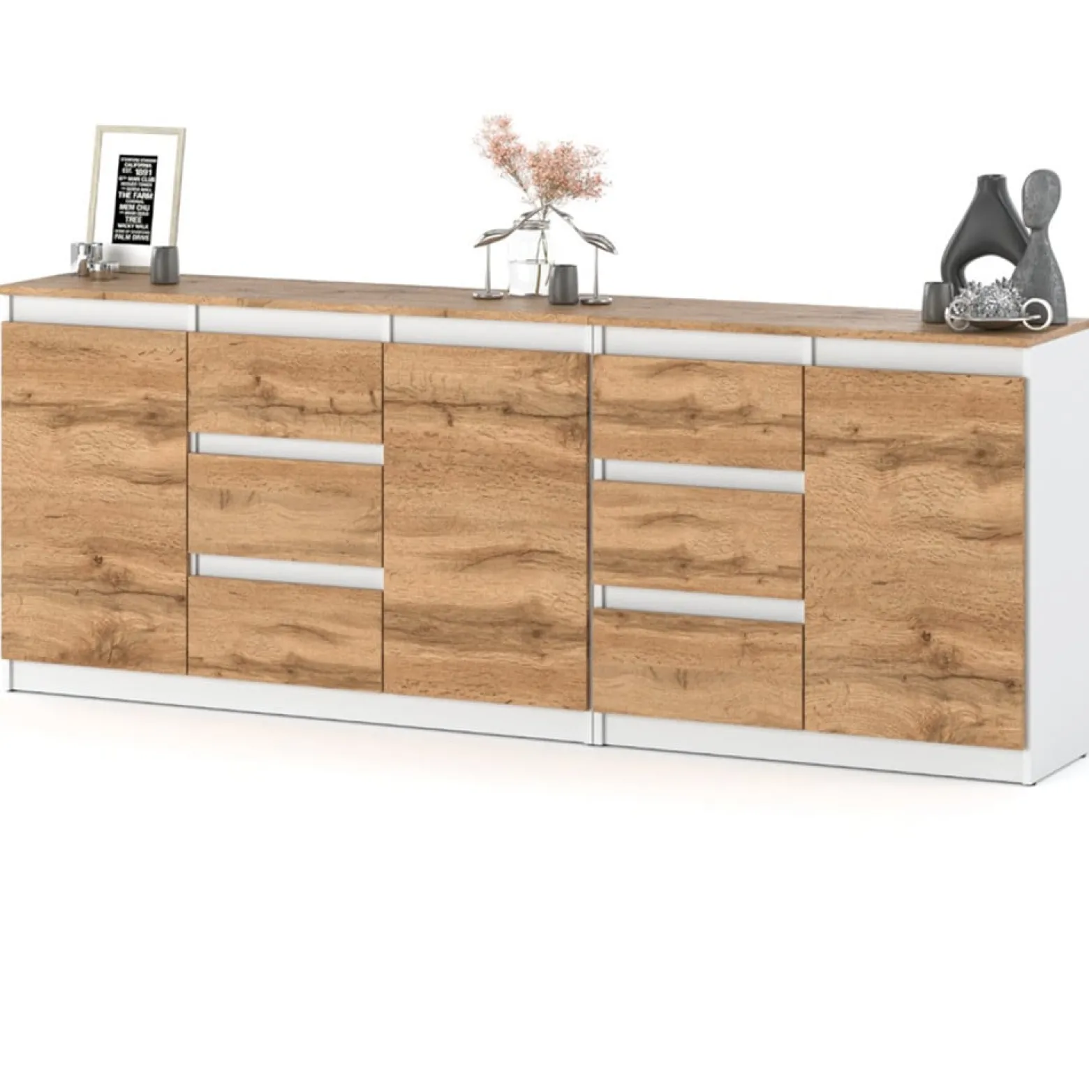 Komoda nowoczesna do salonu 200cm 6 szuflad biała dąb wotan