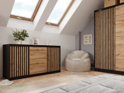 Komoda przesuwna z lamelami 180 cm LOFT czarny / dąb wotan