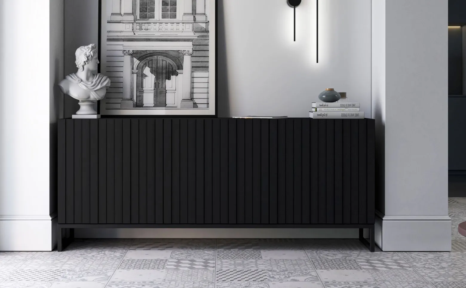 Komoda RTV Loft Szafka RTV Czarny Mat Glamour Rama Czarna