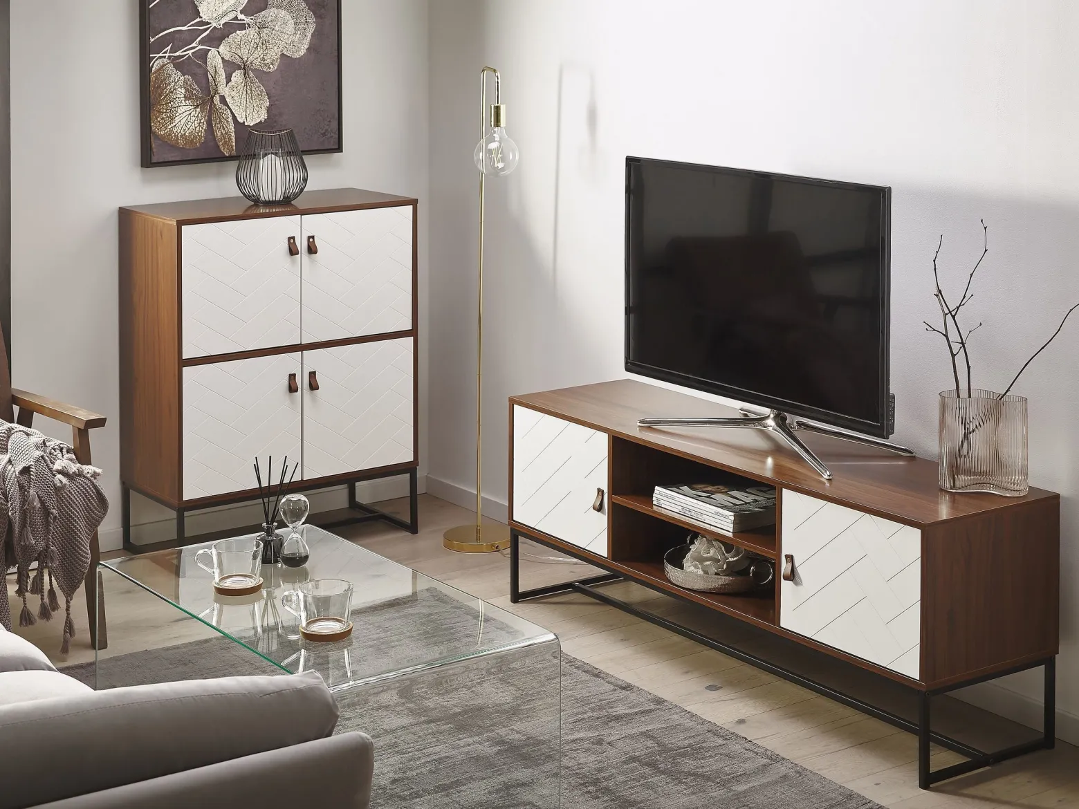 Komoda szafka RTV ciemne drewno z białym