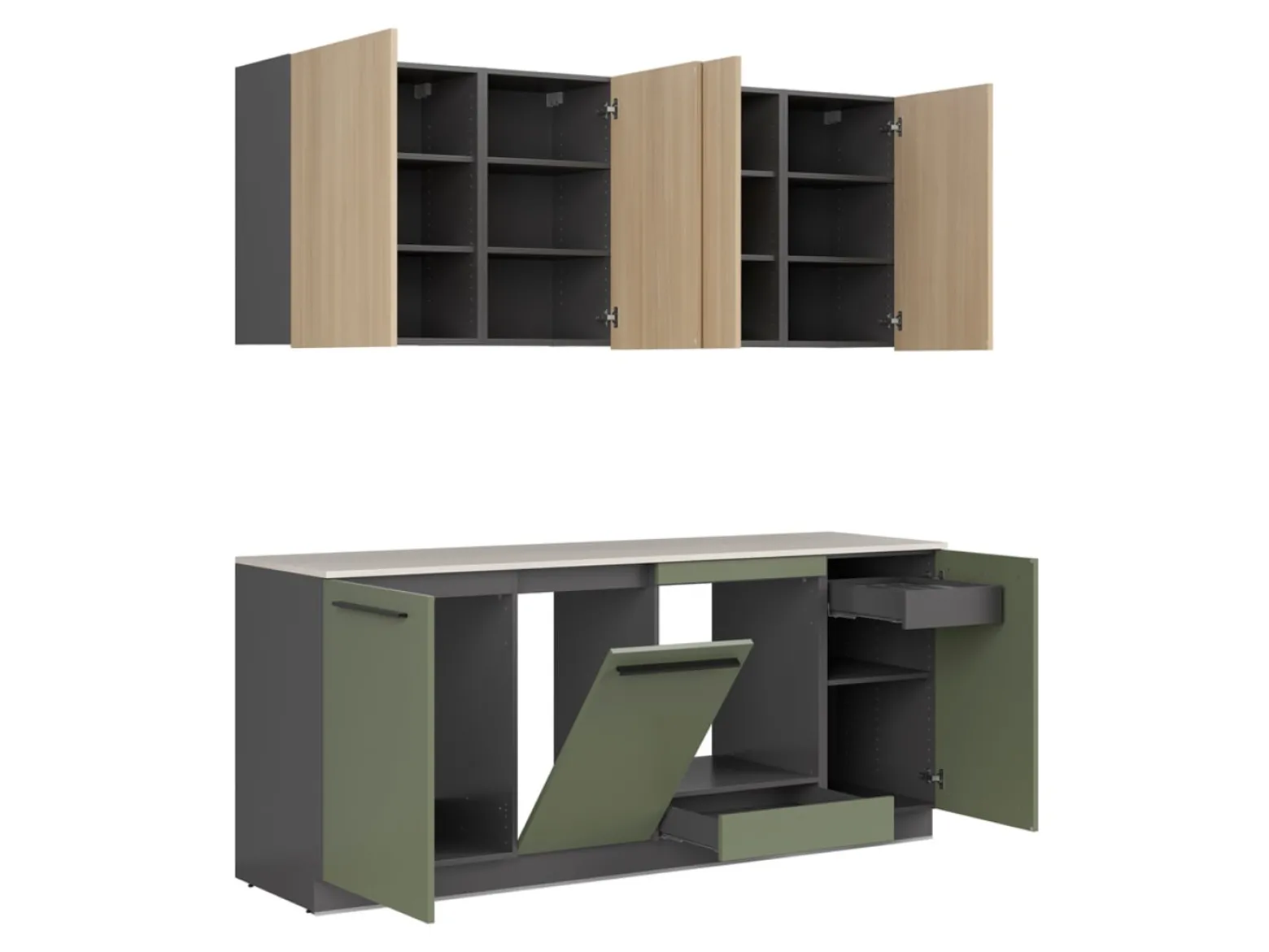 Komplet kuchenny Milino Small 210 cm z blatem zielony/dąb barbera piaskowy/beton jasny