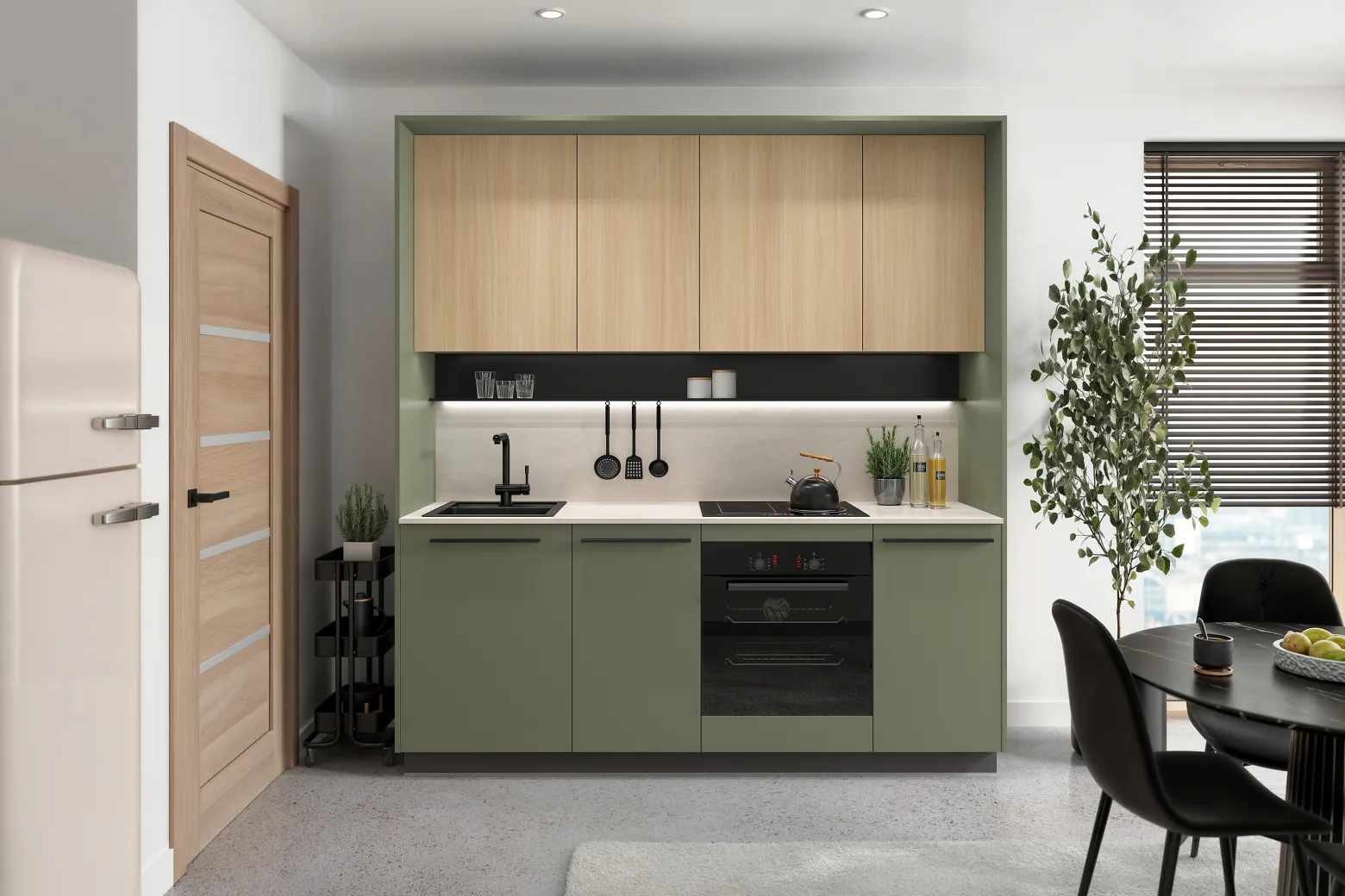 Komplet kuchenny Milino Small 210 cm z blatem zielony/dąb barbera piaskowy/beton jasny
