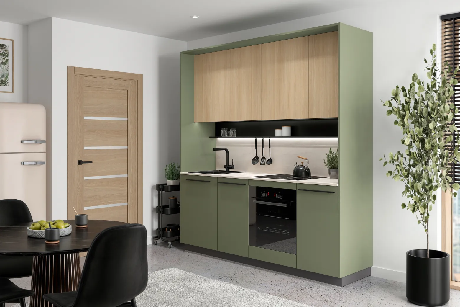 Komplet kuchenny Milino Small 210 cm z blatem zielony/dąb barbera piaskowy/beton jasny