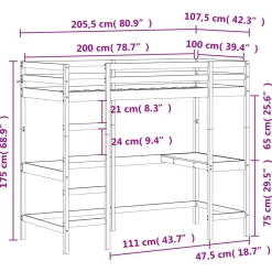 Łóżko na antresoli z biurkiem 100x200 cm lite drewno sosnowe