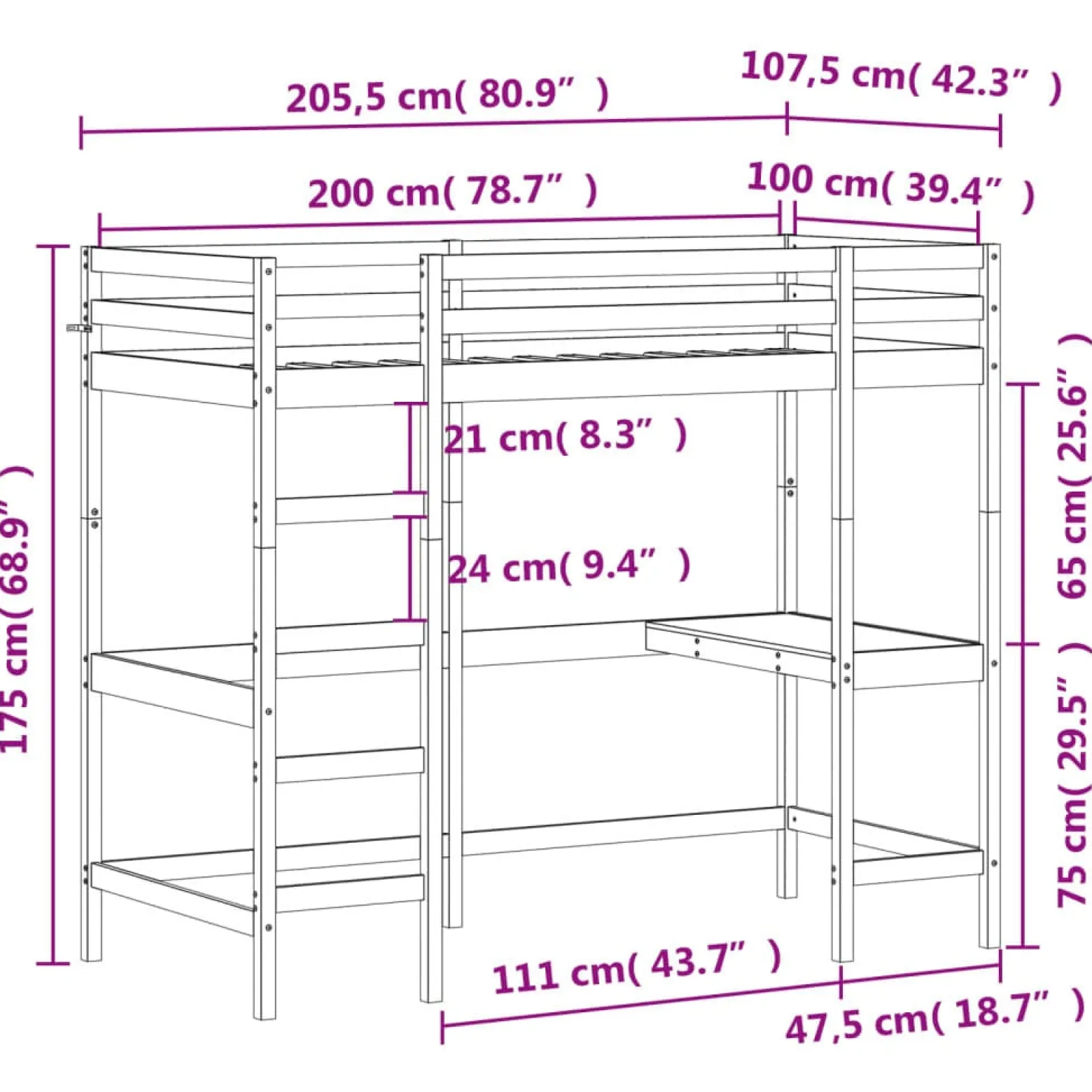 Łóżko na antresoli z biurkiem 100x200 cm lite drewno sosnowe
