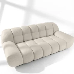 KONSIMO VENA Zestaw mebli sofa 2os. fotel i puf, japandi, tkanina boucle