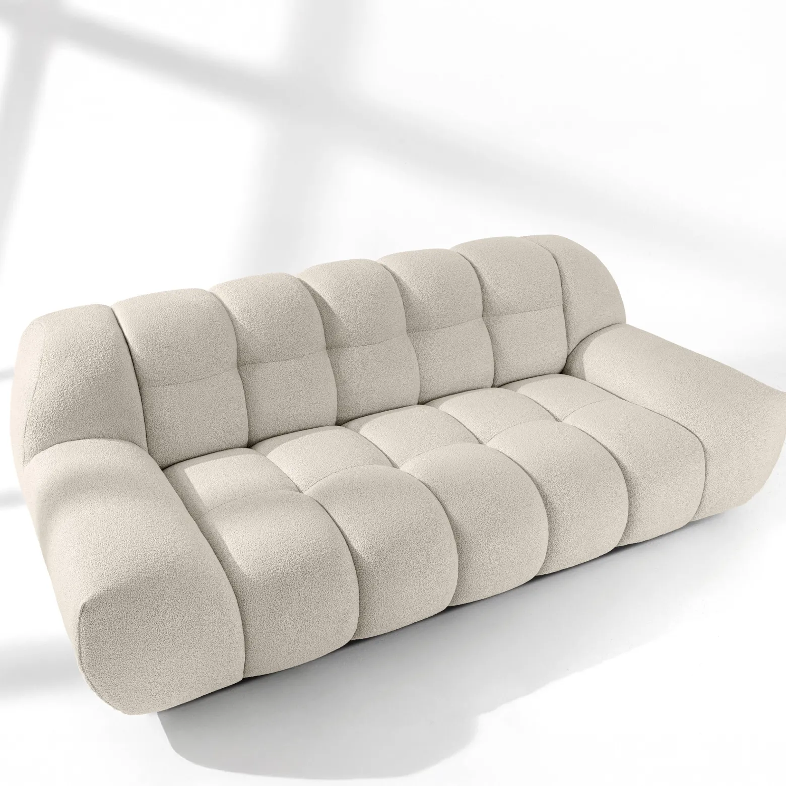 KONSIMO VENA Zestaw mebli sofa 2os. fotel i puf, japandi, tkanina boucle