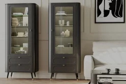 KONSIMO LONA Elegancka czarna witryna z oświetleniem, zaokrąglone boki