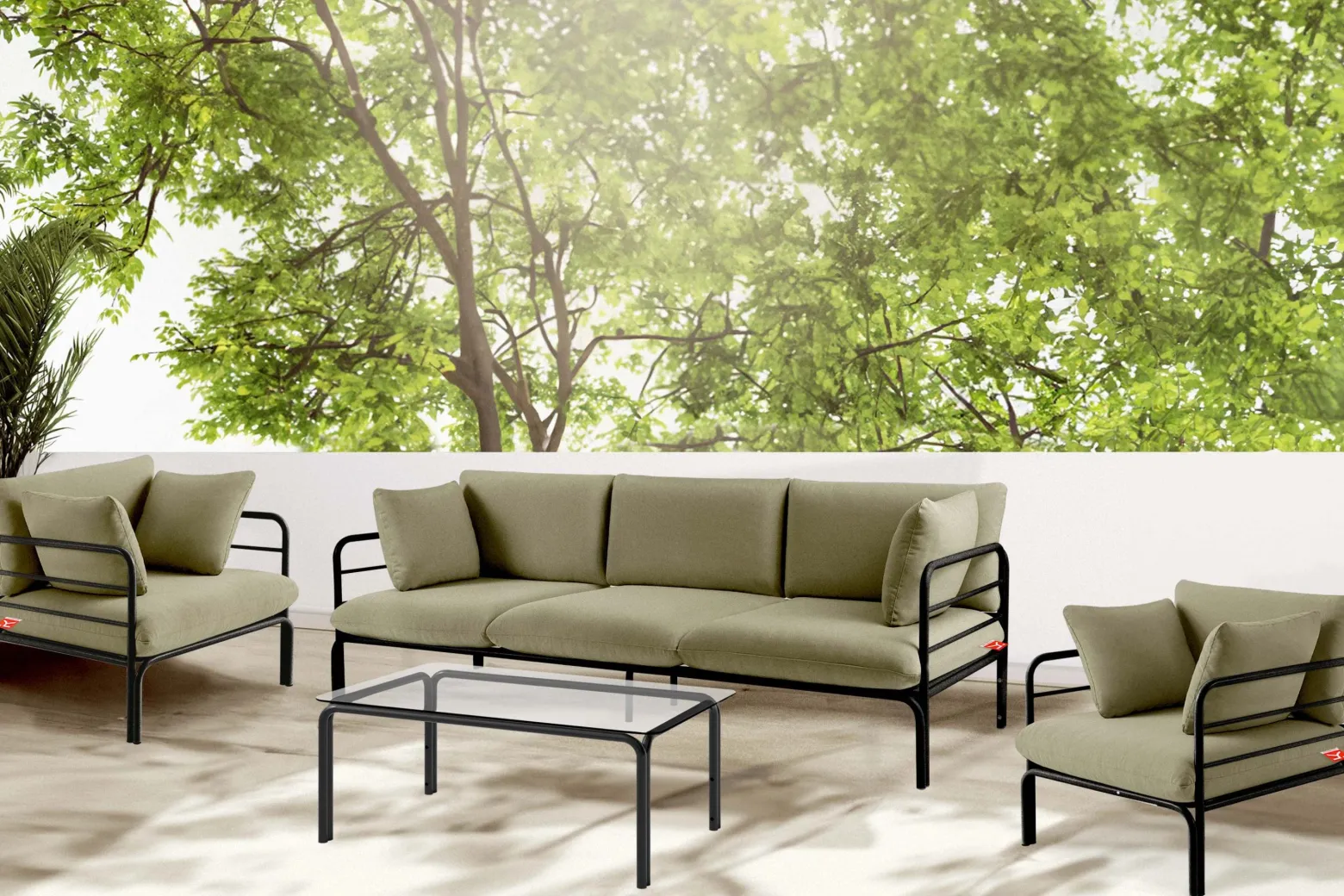 KONSIMO RAMBE Zestaw mebli ogrodowych 2x fotel + sofa trzyosobowa + stolik