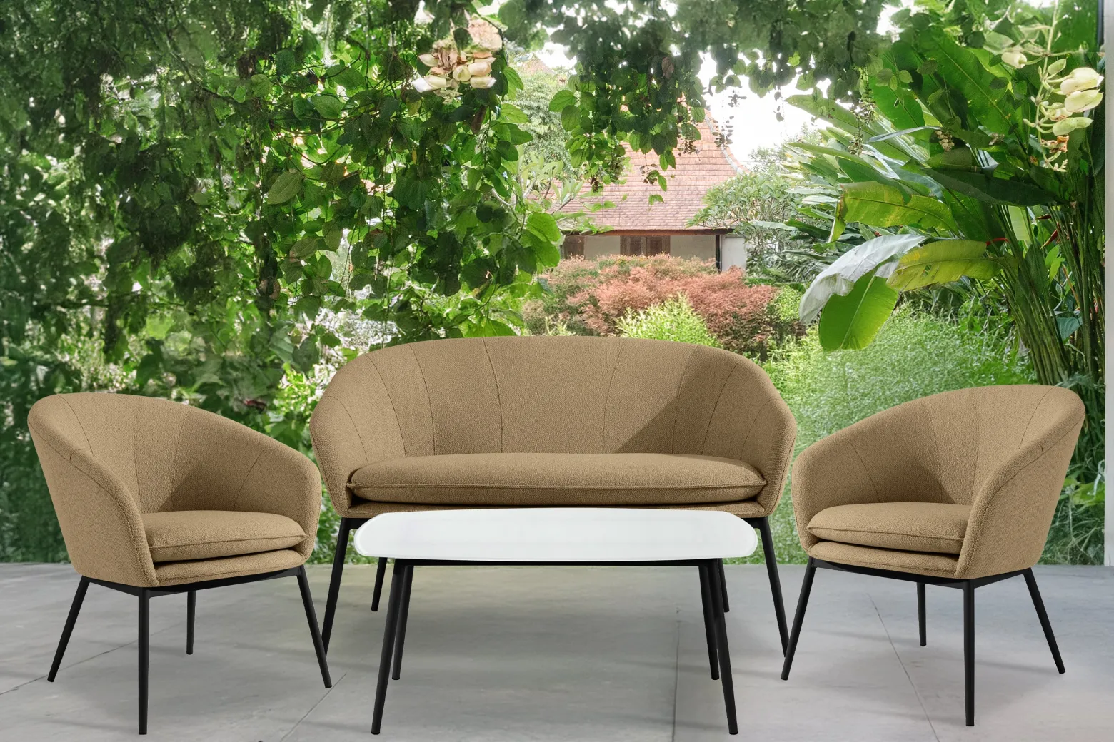 KONSIMO SOLIS Sofa ogrodowa tapicerowana beżowo-czarna, japandi, boho