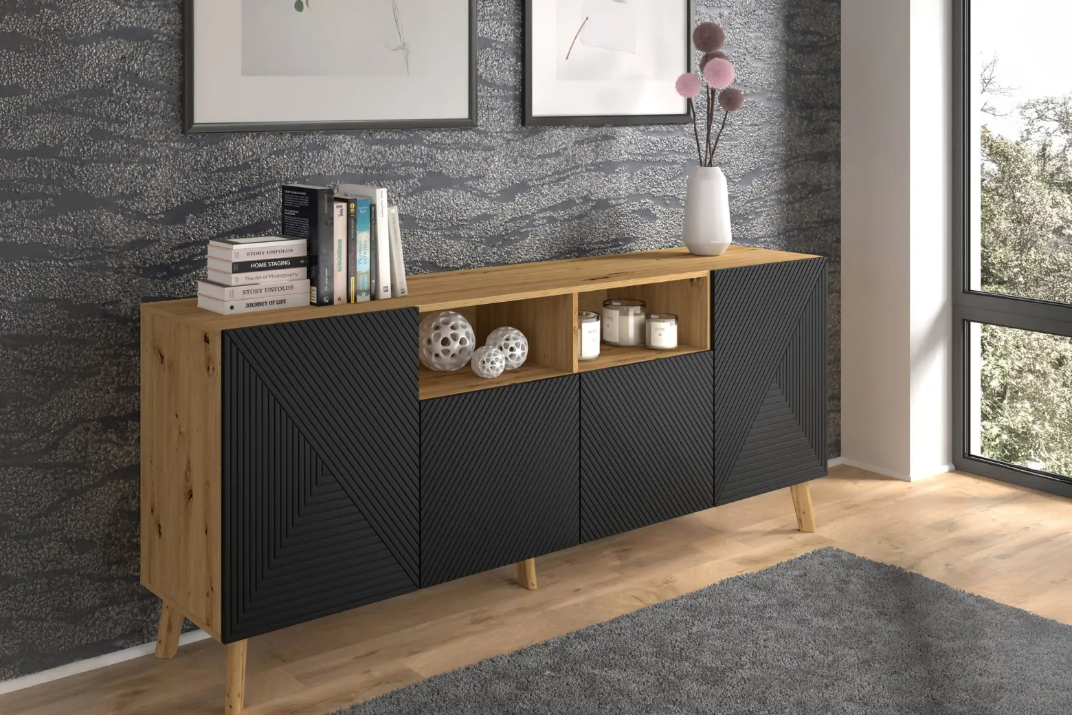 KONSIMO TUNDI Duża Komoda LOFT na nóżkach, Dąb Artisan, Cichy Domyk