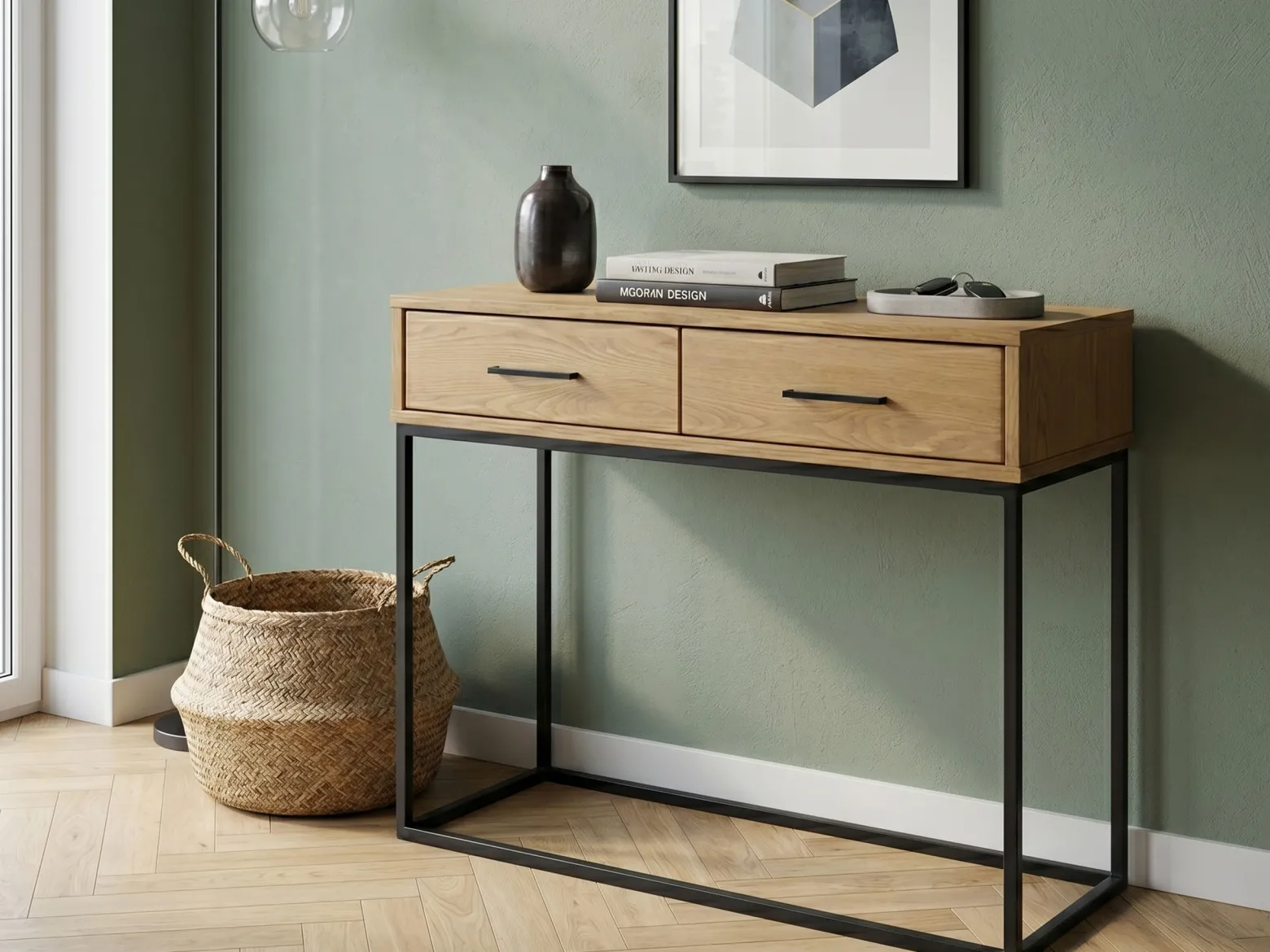Konsola Sydney Loft – drewno i metal, 2 szuflady, kolor dębowy