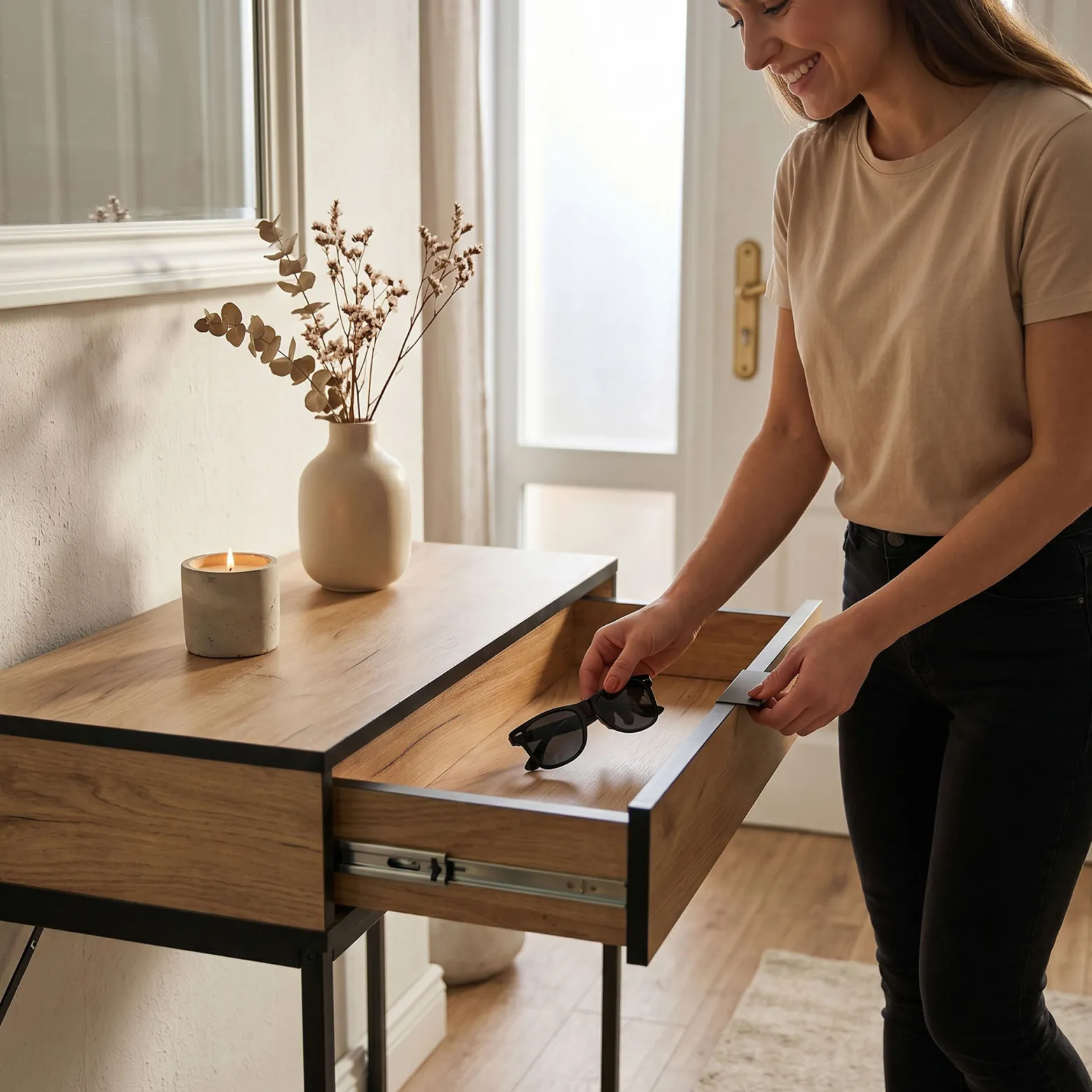 Konsola stolik loftowy MODENA 1 szuflada 80 cm Dąb Craft Czarne nogi