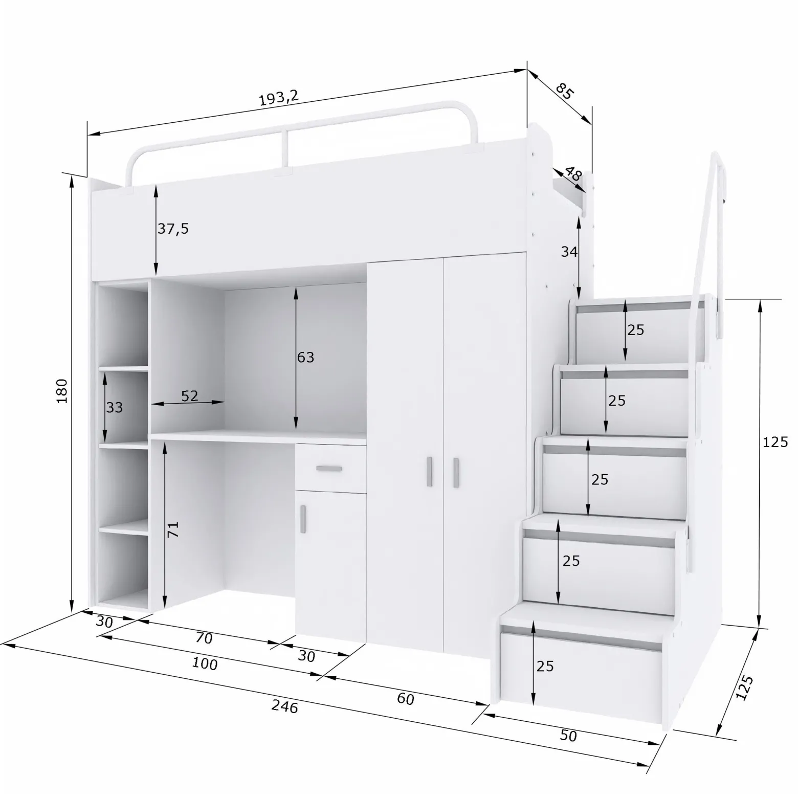 Łóżko piętrowe JSM4 80×190 z szafą i biurkiem matowe - niebieskie