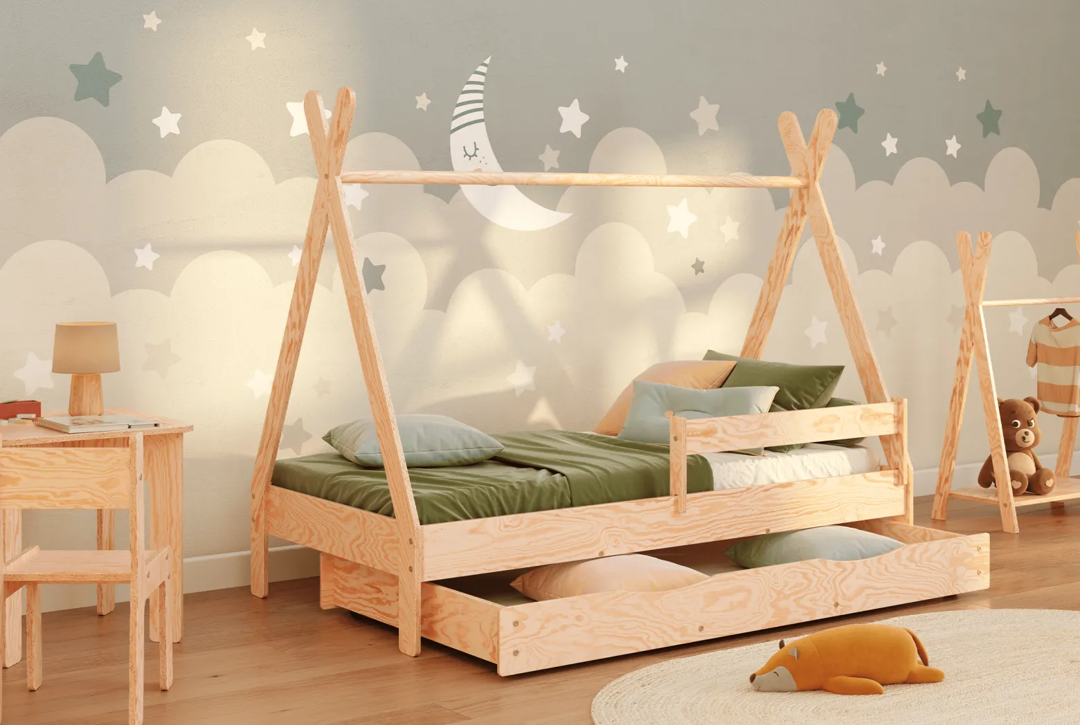 Łóżko pojedyncze z szufladą drewniane TIPI DRAWER SMARTWOOD®