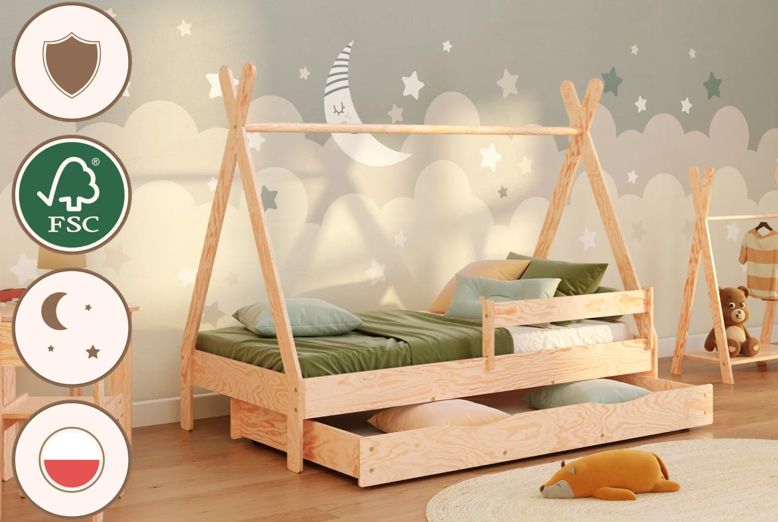 Łóżko pojedyncze z szufladą drewniane TIPI DRAWER SMARTWOOD®