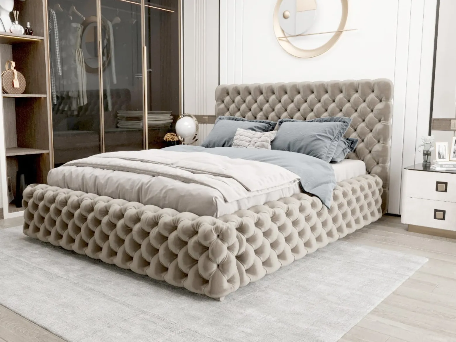 Łóżko Styl Chesterfield Figo Extra Beżowe Stelaż Drewno 160