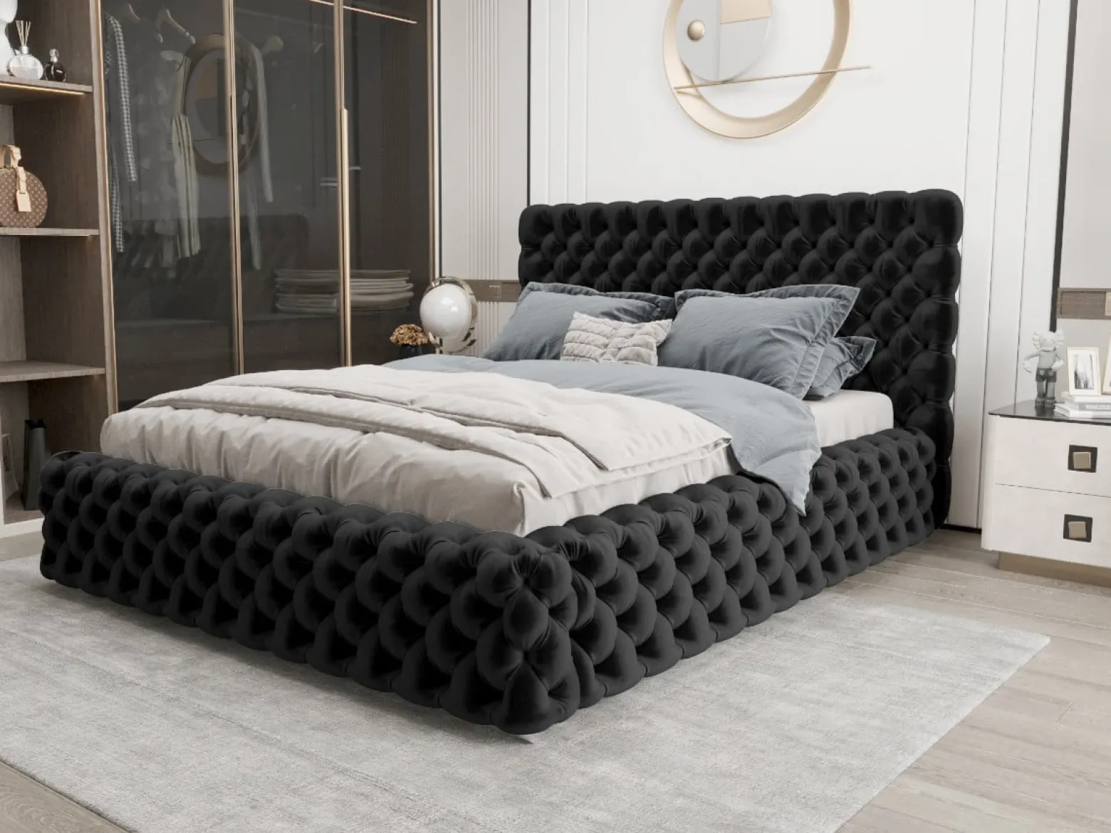 Łóżko Styl Chesterfield Figo Extra Czarne Stelaż Metal 140