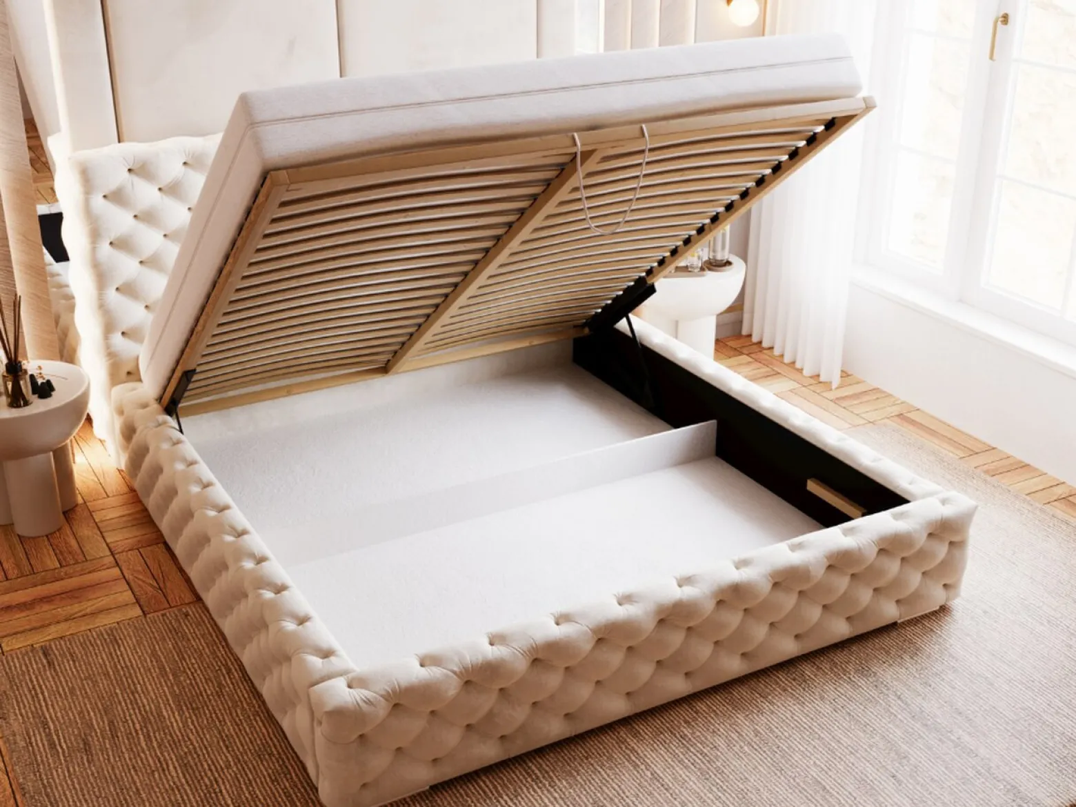 Łóżko tapicerowane ASTRA 120x200 beżowe z pojemnikiem