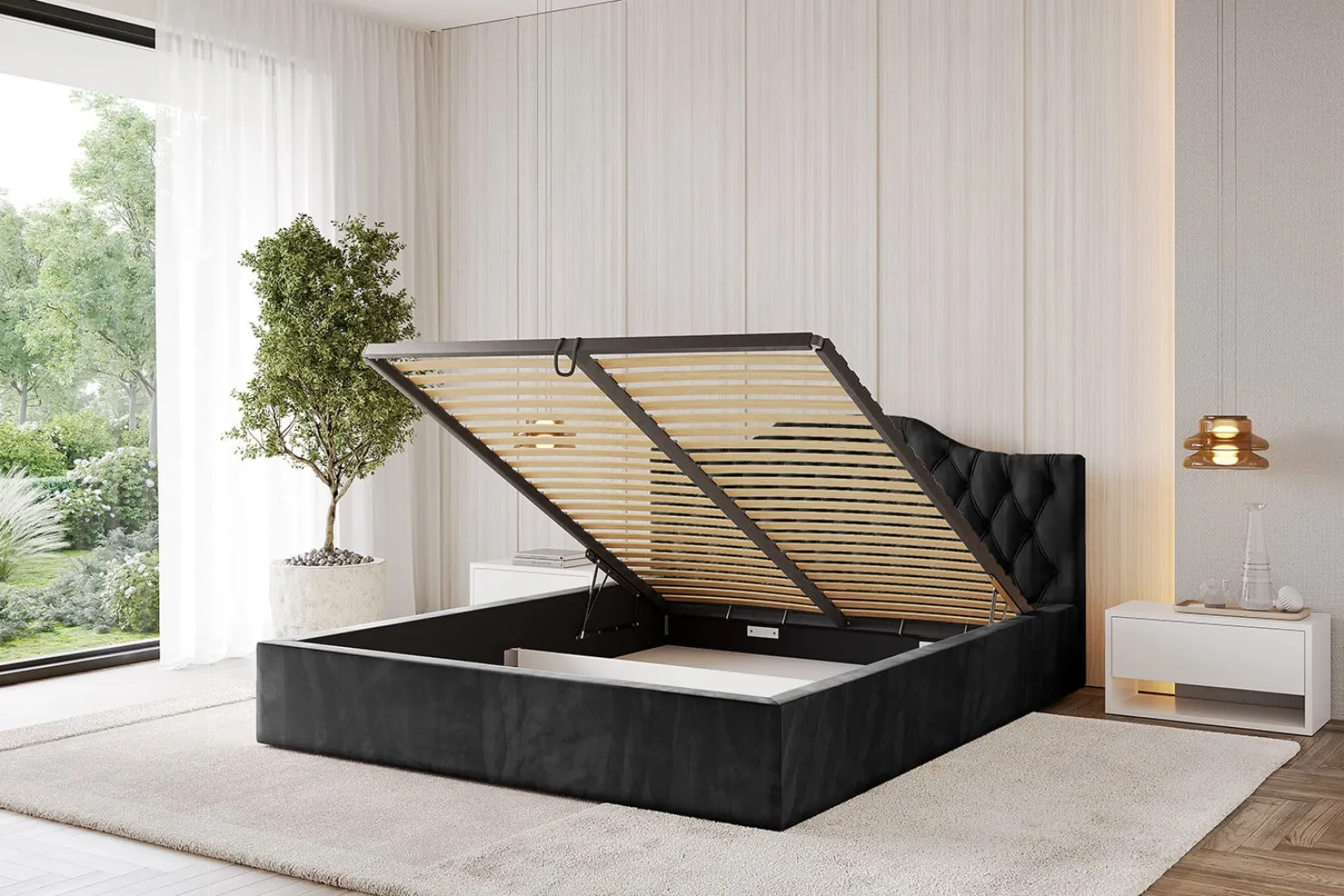 Łóżko tapicerowane bez materaca + pojemnik FALIO-v1 - 120x200 cm Czarny