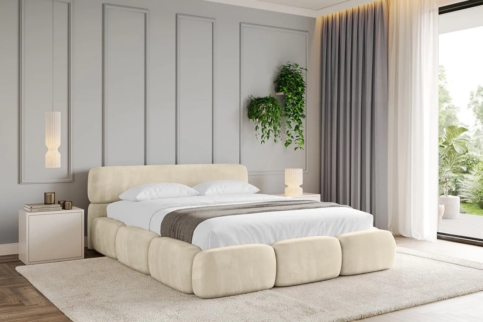 Łóżko tapicerowane bez materaca + pojemnik ELVA-v1 - 120x200 cm Beżowy