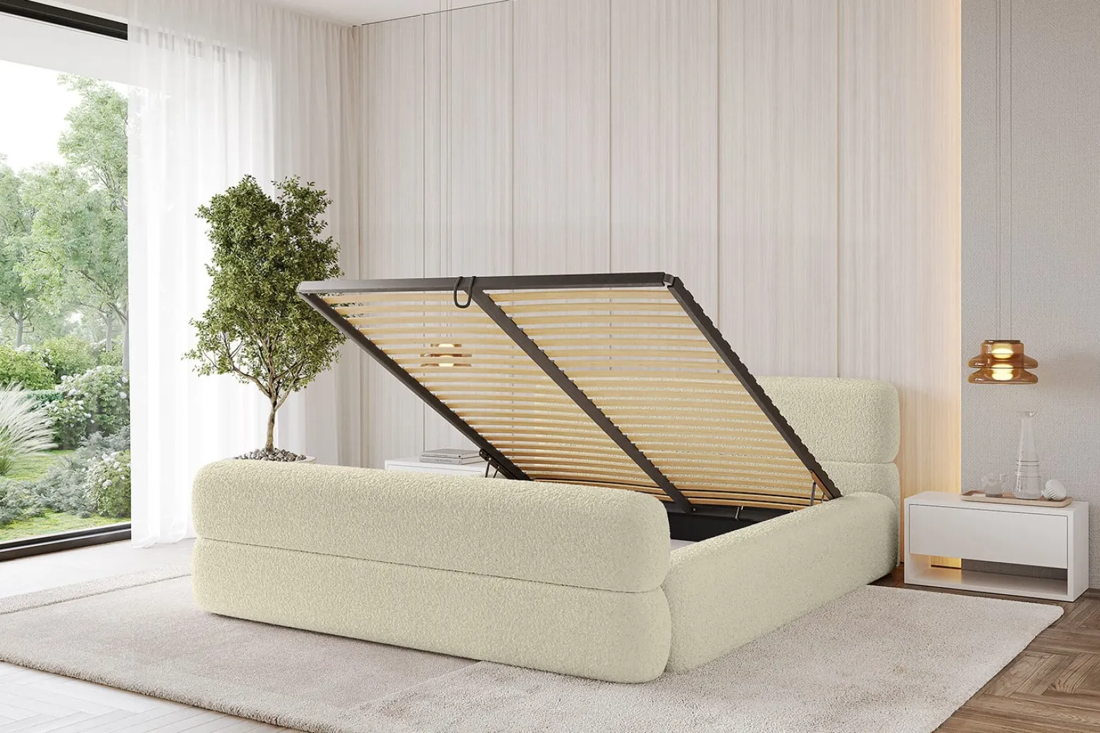 Łóżko tapicerowane bez materaca + pojemnik ENORA-v1-Z-120x200 cm Beżowy