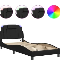 Łóżko Tapicerowane Rama Łóżka Ze Stelażem Czarna Ekoskóra LED 90x200 cm