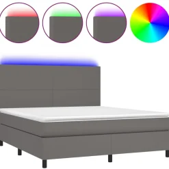 Łóżko Tapicerowane z Materacem Kontynentalne Szara Ekoskóra LED 160x200cm