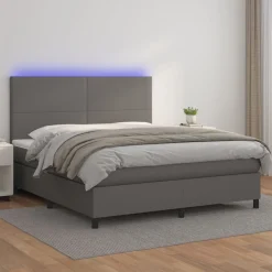 Łóżko Tapicerowane z Materacem Kontynentalne Szara Ekoskóra LED 160x200cm