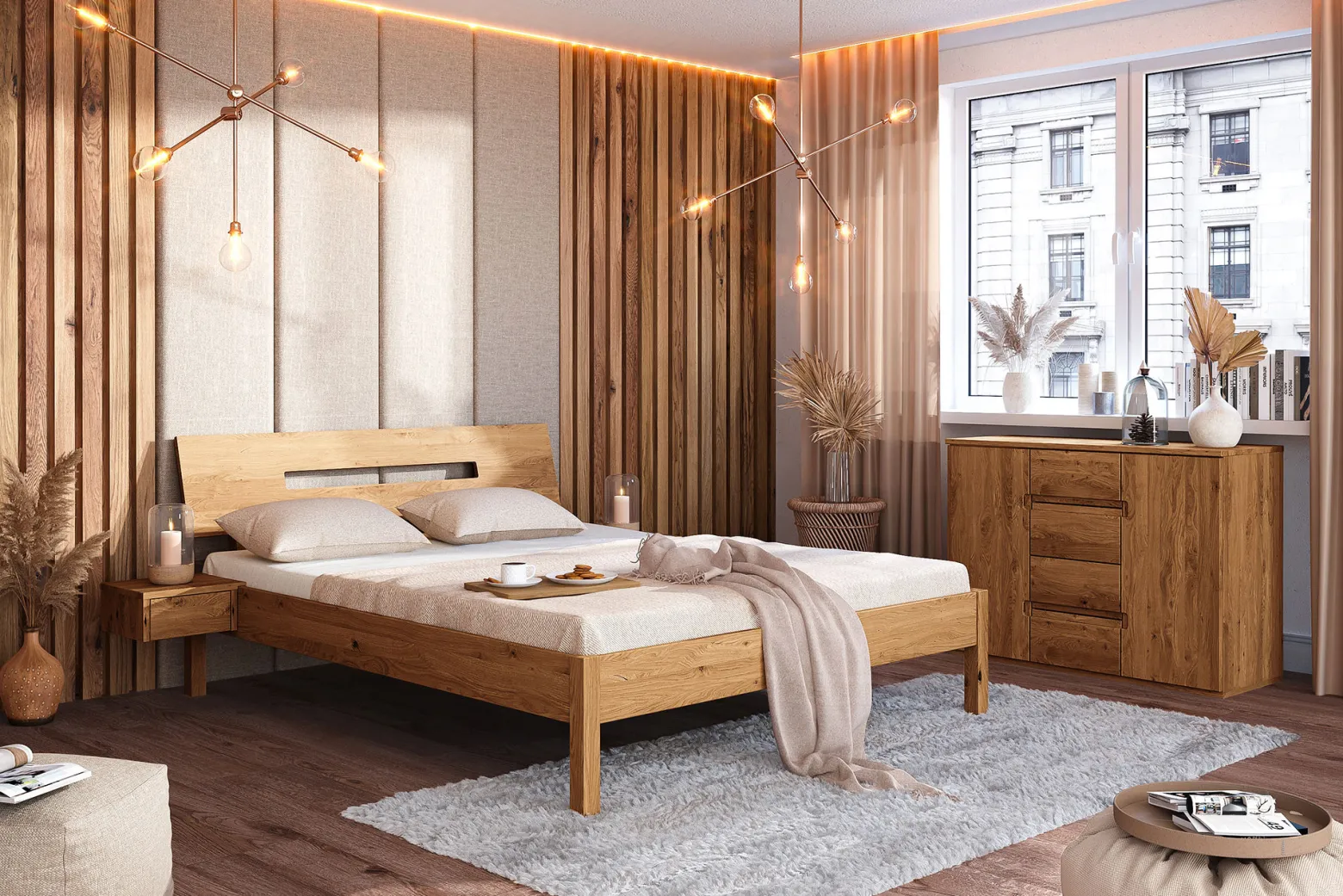 Łóżko VENTO A-6 180x200 cm z Drewnianym Zagłówkiem Dąb Dziki