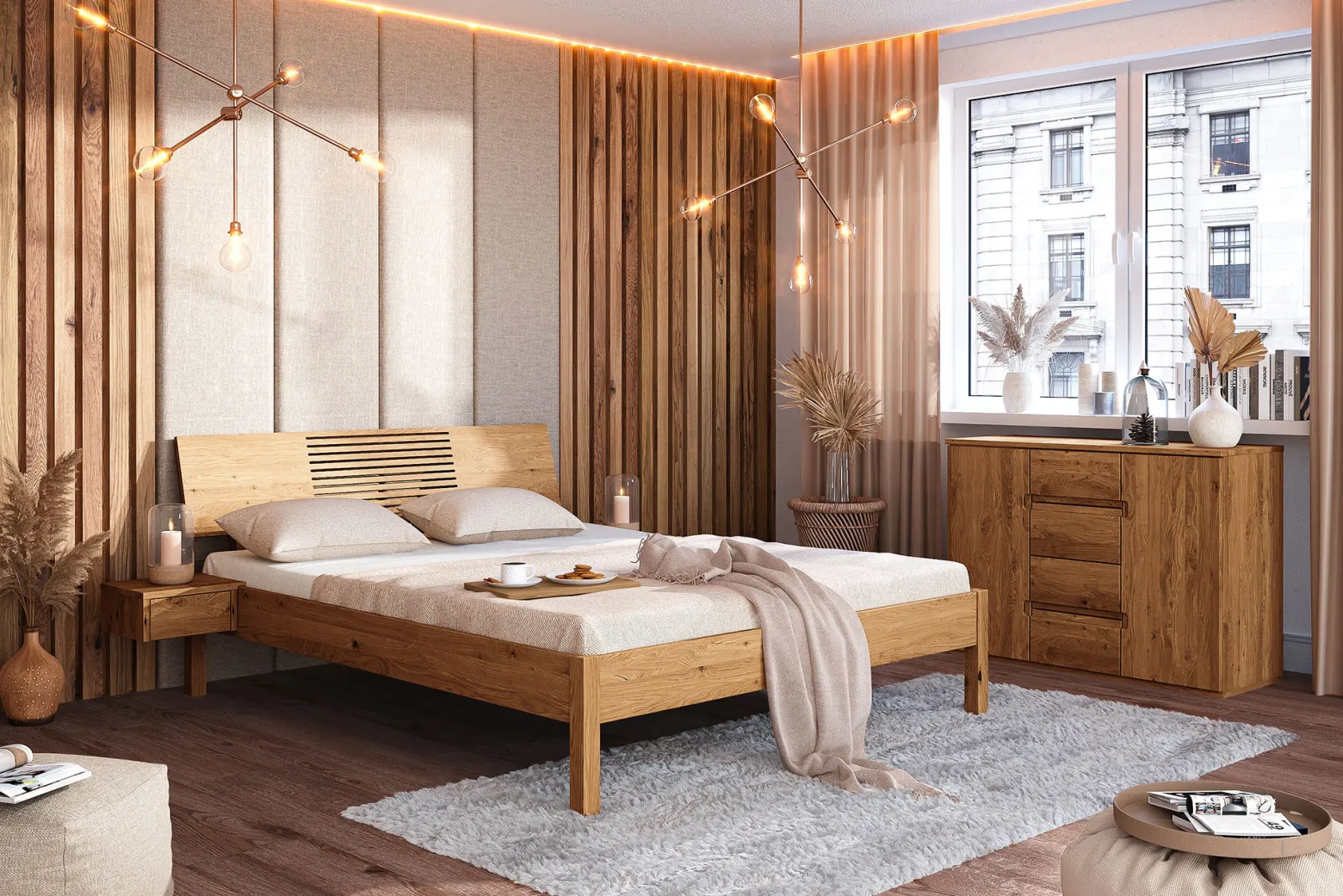 Łóżko VENTO A-5 160x200 cm z Drewnianym Zagłówkiem Dąb Dziki