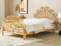 Łóżko 140x200 cm rattan wezgłowie jasne drewno