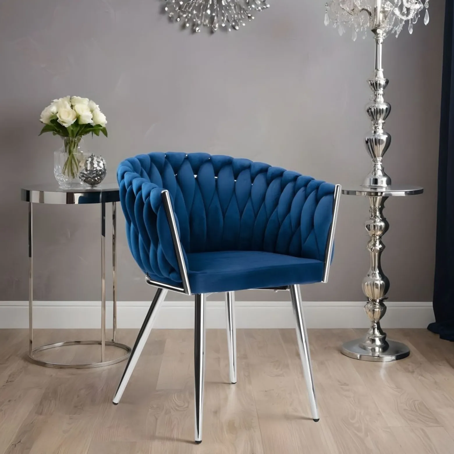 Krzesło welurowe plecione COFTON chrom VELVET granatowy