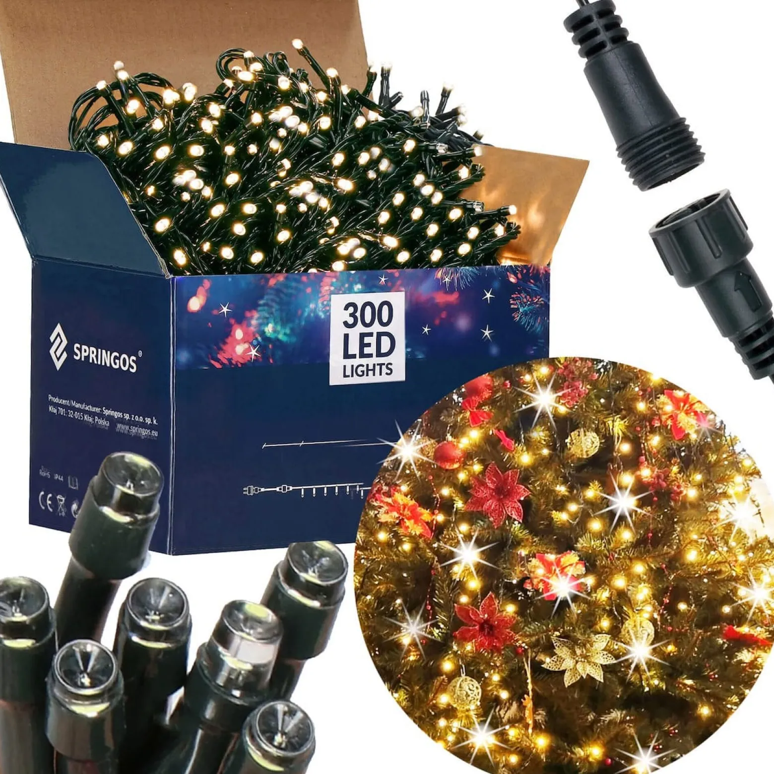 Lampki choinkowe 300 led biały ciepły, flash biały zimny 25,5 m