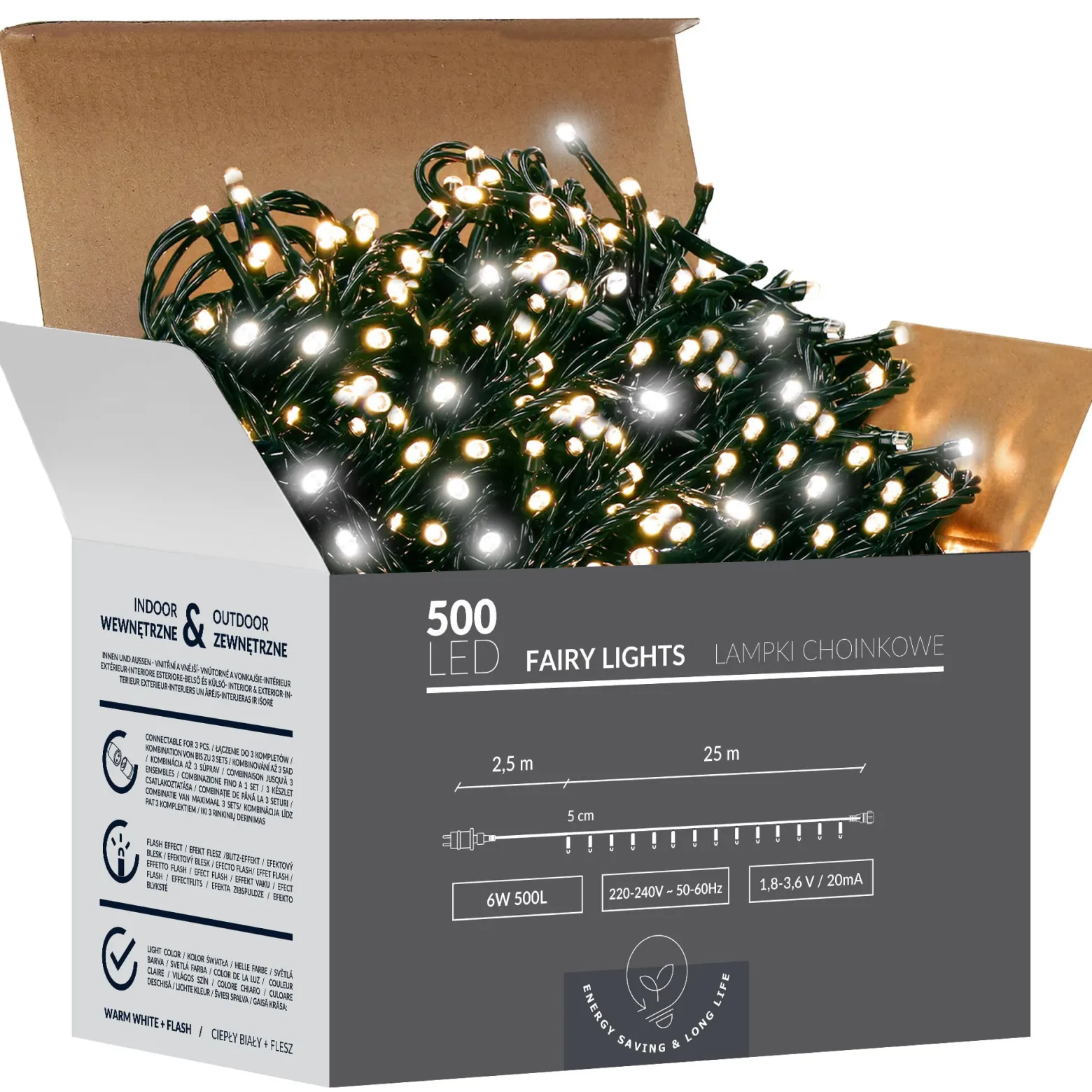 Lampki choinkowe 27,5 m biały ciepły + flash 500 LED IP44