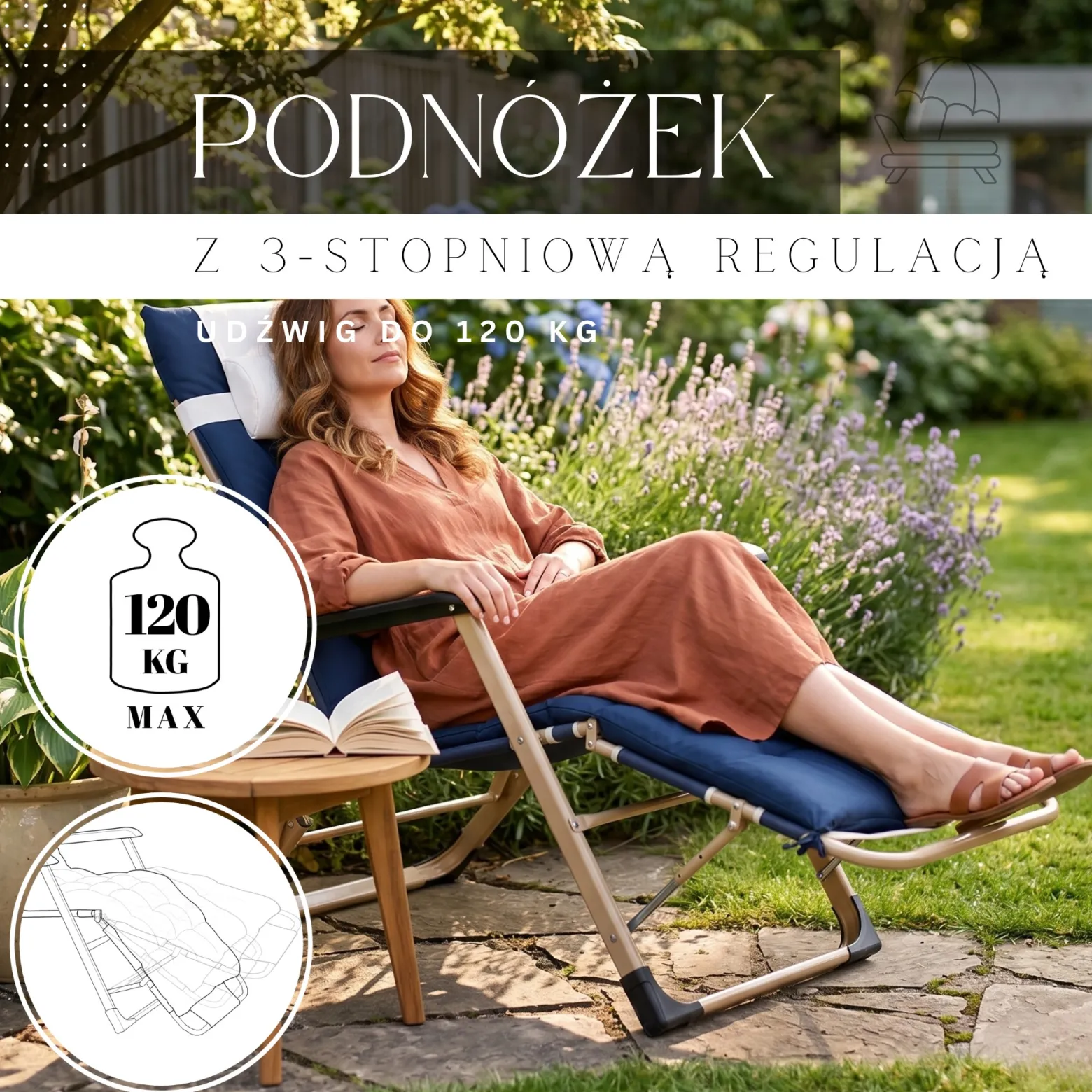 Leżak, fotel ogrodowy składany z podnóżkiem, poduszką granat